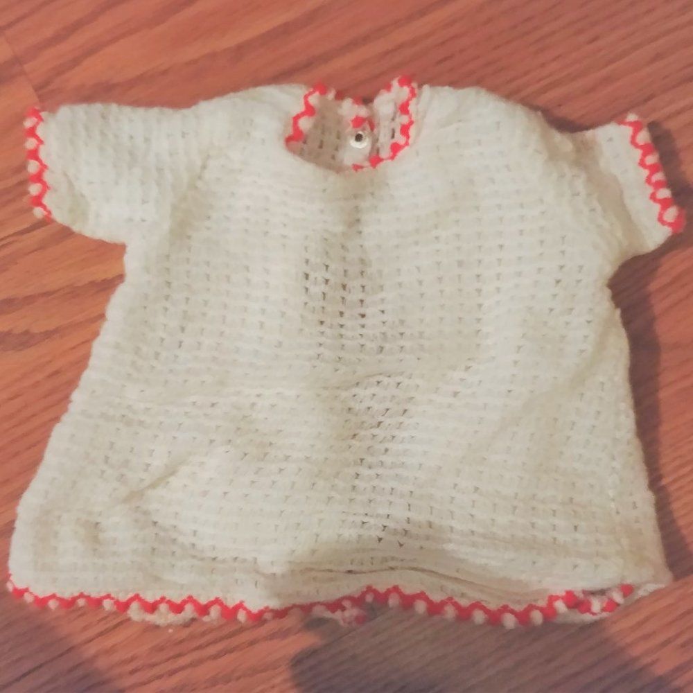 Vintage 70's 80's red white country doll knitted dress snap dolly crocheted girl